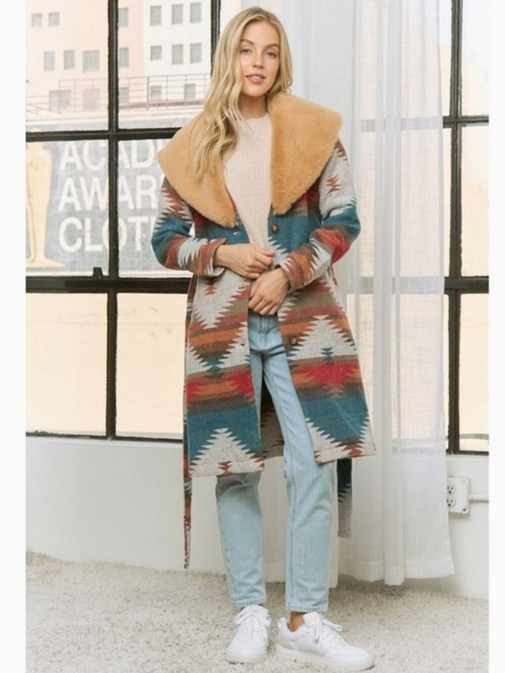 Aztec Jacket Shacket with Contrast Fur Showl Collar - Picture 6 of 13